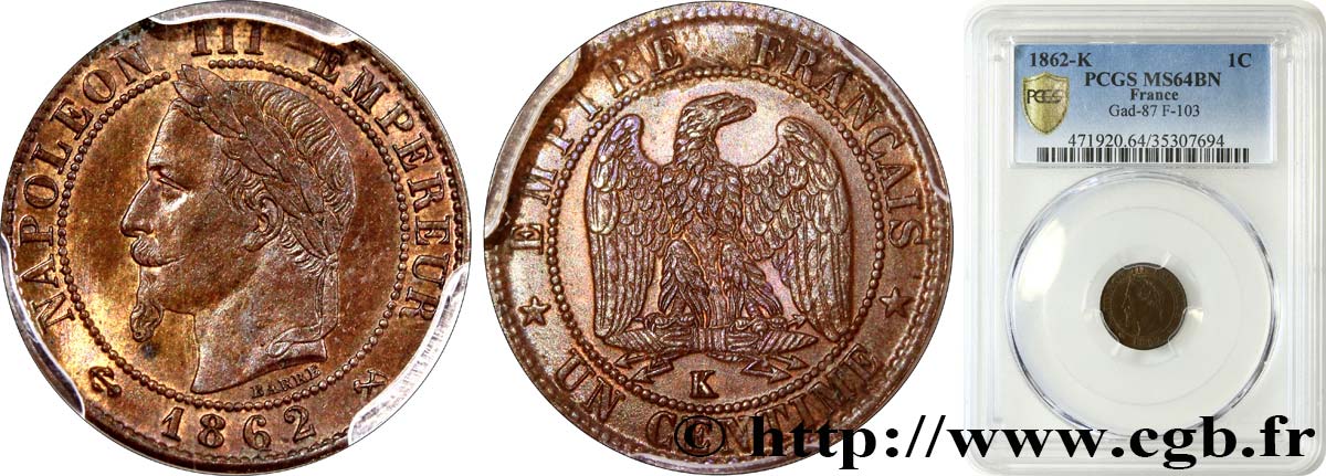 Un centime Napoléon III, tête laurée 1862 Bordeaux F.103/7 fST64 PCGS