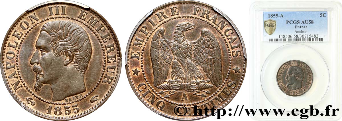 Cinq centimes Napoléon III, tête nue 1855 Paris F.116/17 SPL58 PCGS