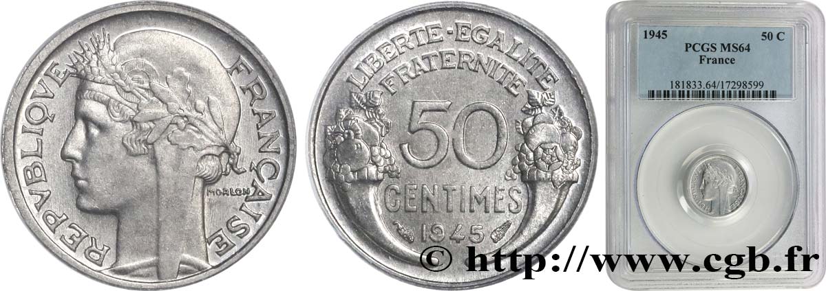 50 centimes Morlon, légère 1945  F.194/5 MS64 PCGS