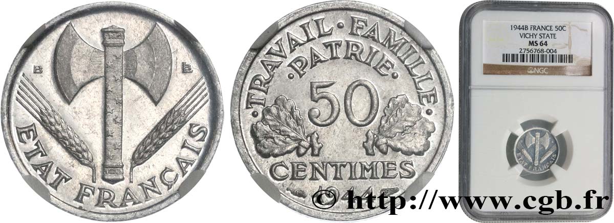 50 centimes Francisque, légère 1944 Beaumont-Le-Roger F.196/5 fST64 NGC