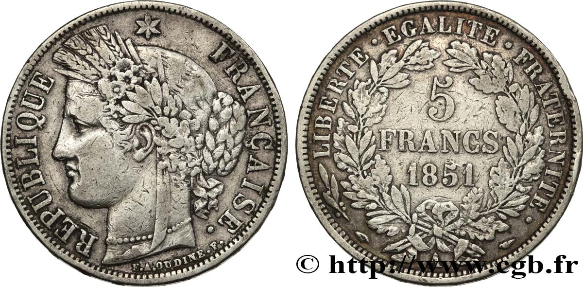 5 francs Cérès, IIe République 1851 Paris F.327/7 S 