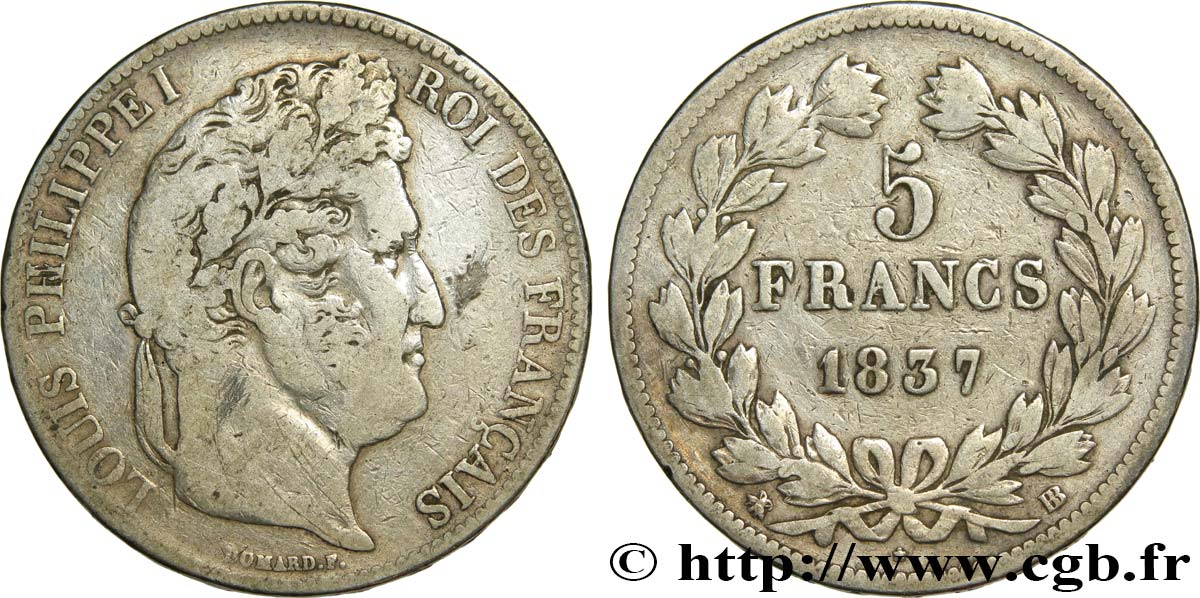 5 francs IIe type Domard 1837 Strasbourg F.324/63 TB 