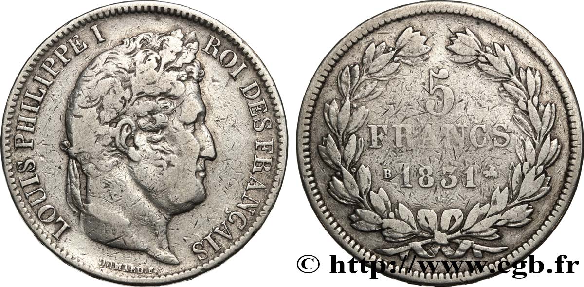 5 francs Ier type Domard, tranche en relief 1831 Rouen F.320/2 BC 