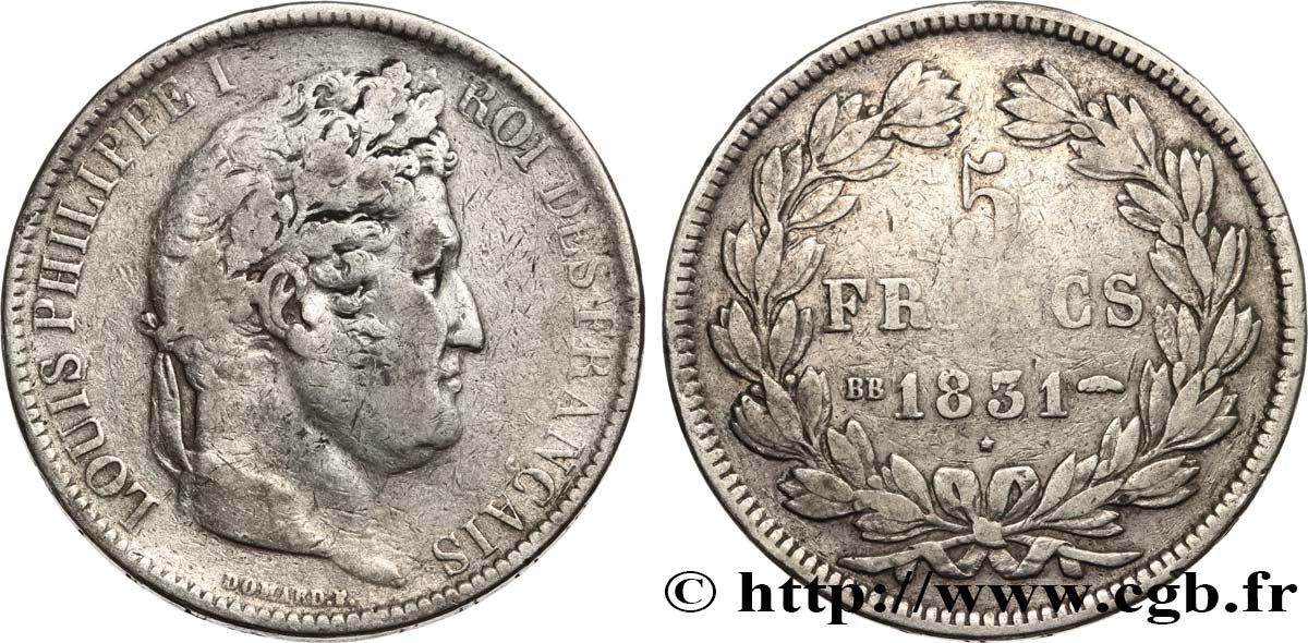 5 francs Ier type Domard, tranche en creux 1831 Strasbourg F.319/1 BC 