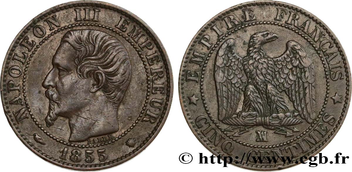 Cinq centimes Napoléon III, tête nue 1855 Marseille F.116/26 XF45 