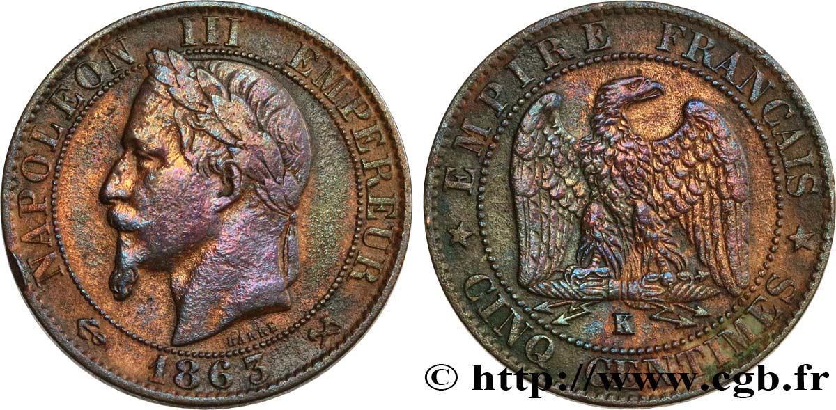 Cinq centimes Napoléon III, tête laurée 1863 Bordeaux F.117/12 VF25 