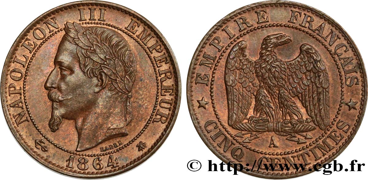 Cinq centimes Napoléon III, tête laurée 1864 Paris F.117/13 SUP58 