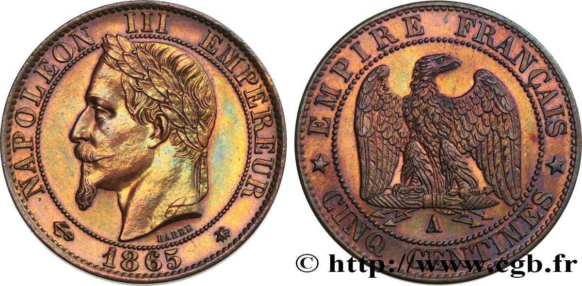 Cinq centimes Napoléon III, tête laurée 1865 Paris F.117/16 AU58 