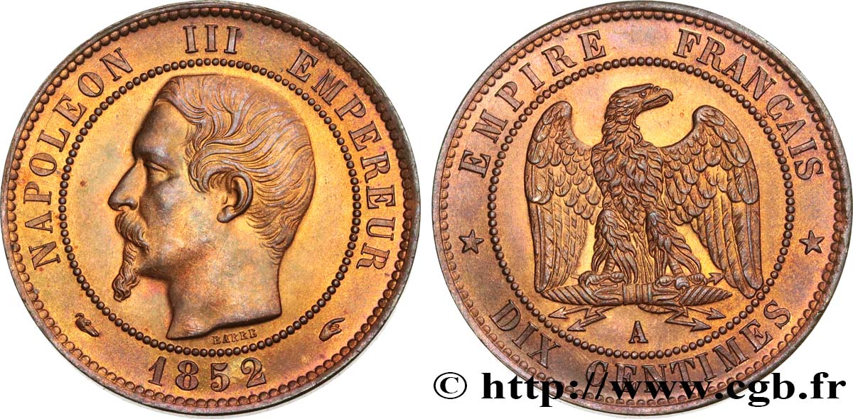 Dix centimes Napoléon III, tête nue 1852 Paris F.133/1 SPL 