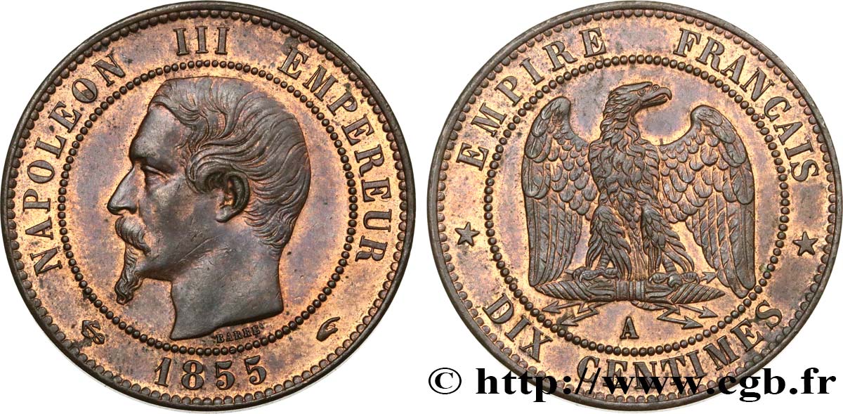 Dix centimes Napoléon III, tête nue 1855 Paris F.133/20 VZ55 