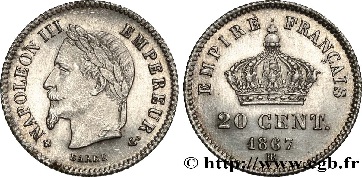20 centimes Napoléon III, tête laurée, grand module 1867 Strasbourg F.150/2 SUP58 