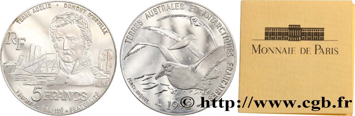 Belle Épreuve 5 francs Albatros T.A.A.F. (Terres Australes et Antarctiques Françaises) 1992 Paris F5.1202 1 SPL 