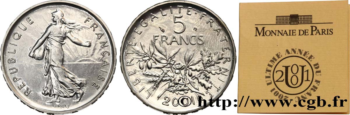 Brillant Universel argent 5 francs Semeuse 2001 Paris F5.1206 1 MS 