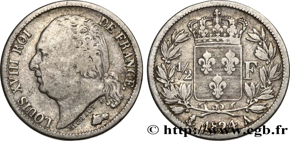 1/2 franc Louis XVIII 1824 Paris F.179/43 VF25 