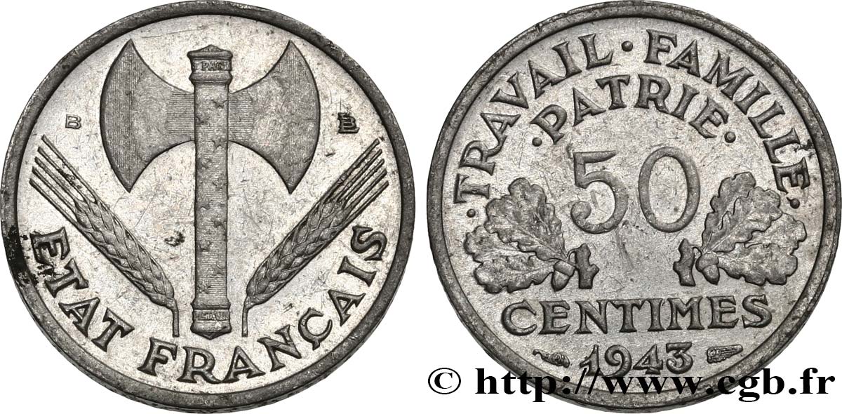50 centimes Francisque, légère 1943 Beaumont-Le-Roger F.196/3 AU50 
