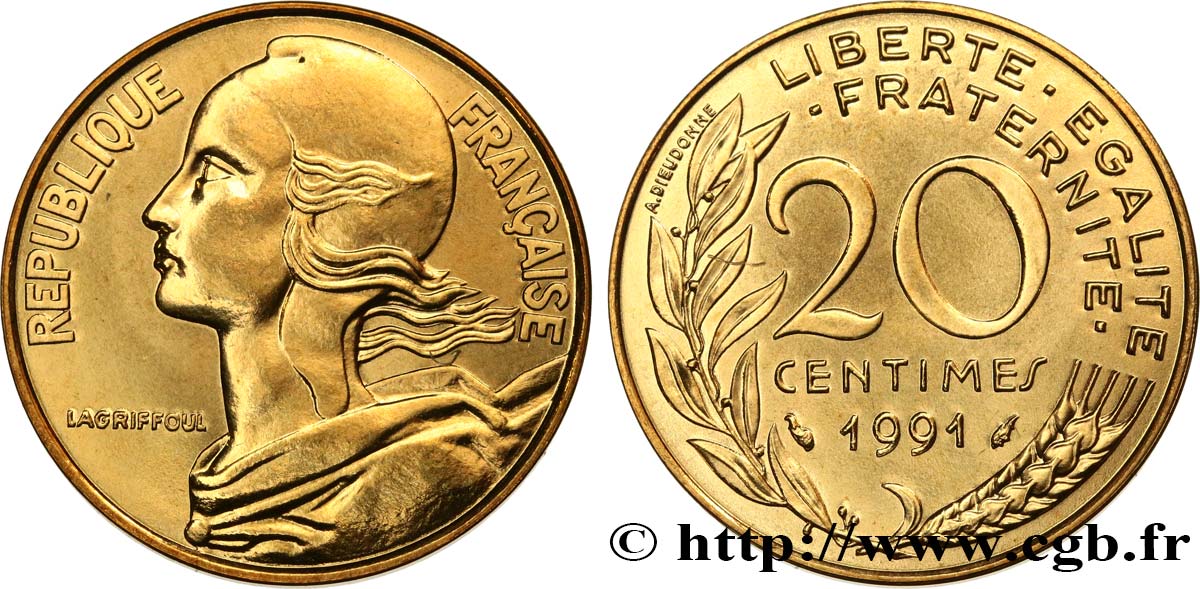 20 centimes Marianne, BU (Brillant Universel), frappe médaille 1991 Pessac F.156/32 ST 