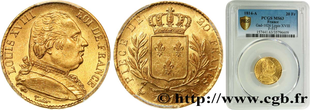 20 francs or Louis XVIII, buste habillé 1814 Paris F.517/2 SPL63 PCGS