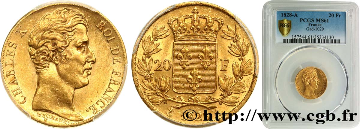 20 francs or Charles X, matrice du revers à quatre feuilles et demie 1828 Paris F.520/8 SPL61 PCGS