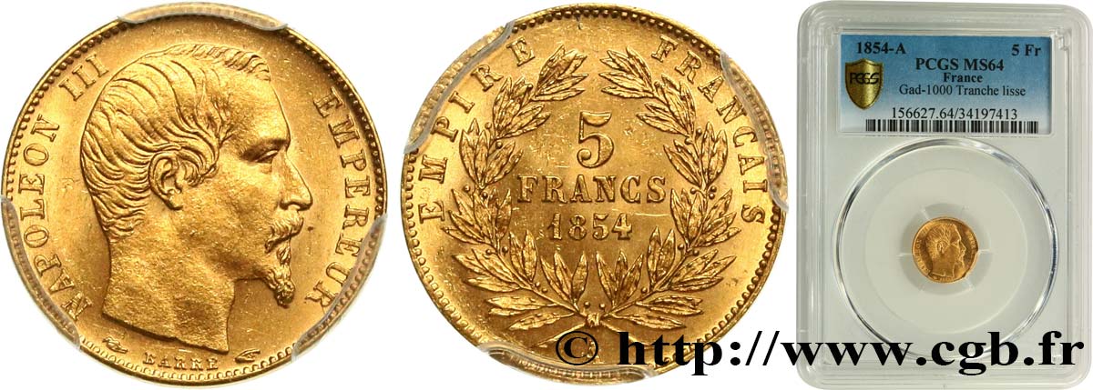 5 francs or Napoléon III, tête nue, petit module, tranche lisse 1854 Paris F.500/1 fST64 PCGS