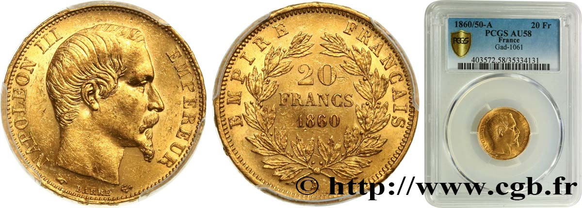 20 francs or Napoléon III, tête nue 1860 Paris F.531/17 EBC58 PCGS