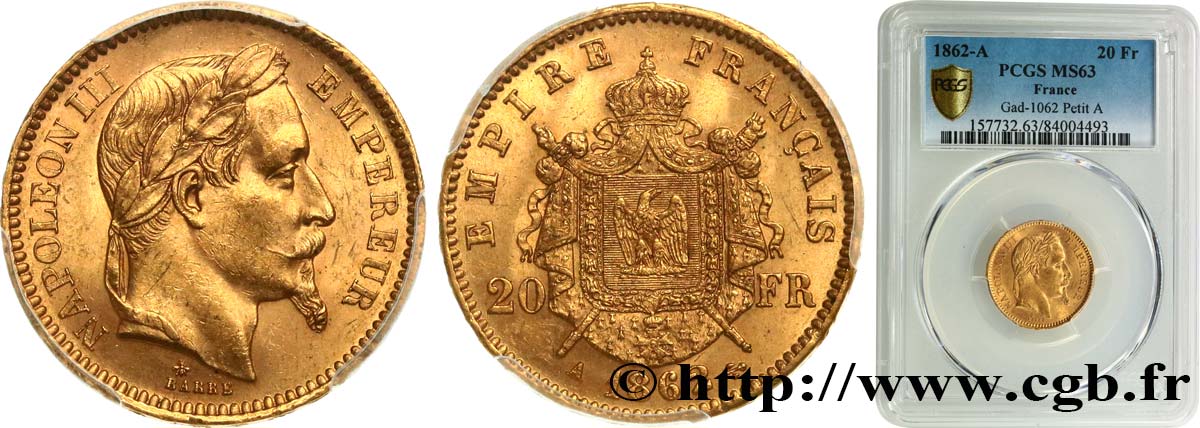 20 francs or Napoléon III, tête laurée 1862 Paris F.532/3 MS63 PCGS