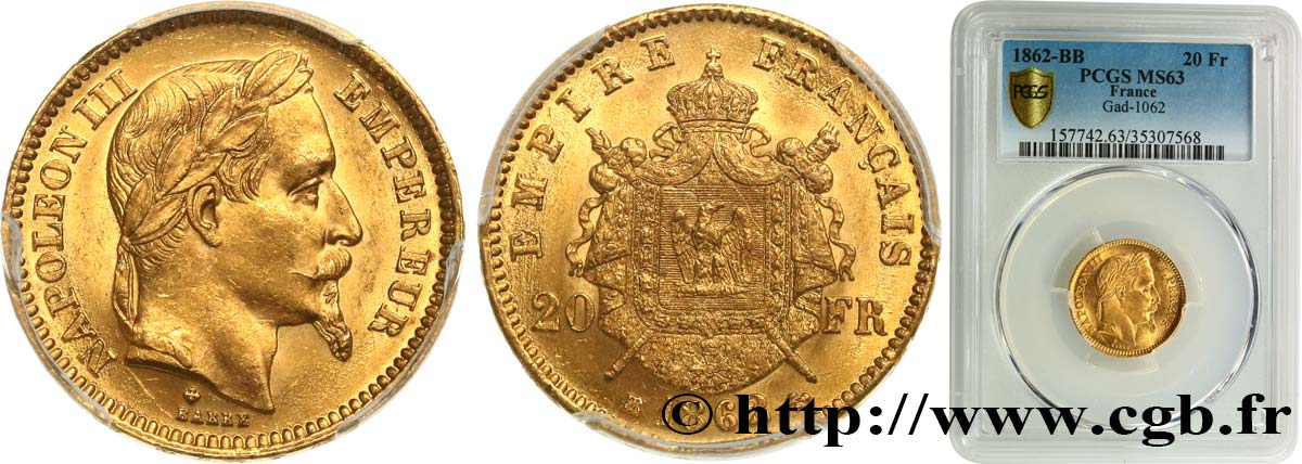 20 francs or Napoléon III, tête laurée 1862 Strasbourg F.532/5 SC63 PCGS