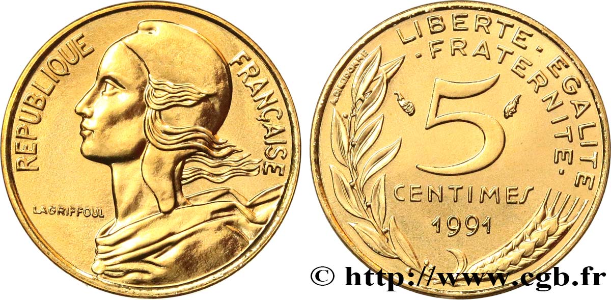 5 centimes Marianne, BU (Brillant Universel), frappe médaille 1991 Pessac F.125/28 ST 