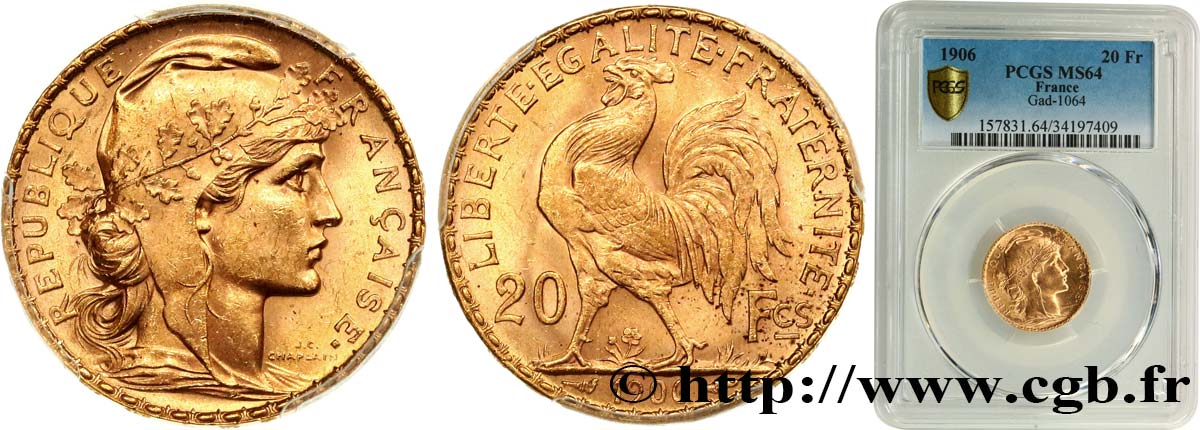 20 francs or Coq, Dieu protège la France 1906 Paris F.534/11 MS64 PCGS