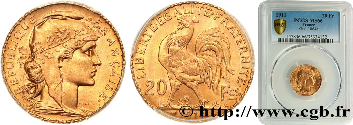 20 francs or Coq, Liberté Égalité Fraternité 1911 Paris F.535/5 ST66 PCGS