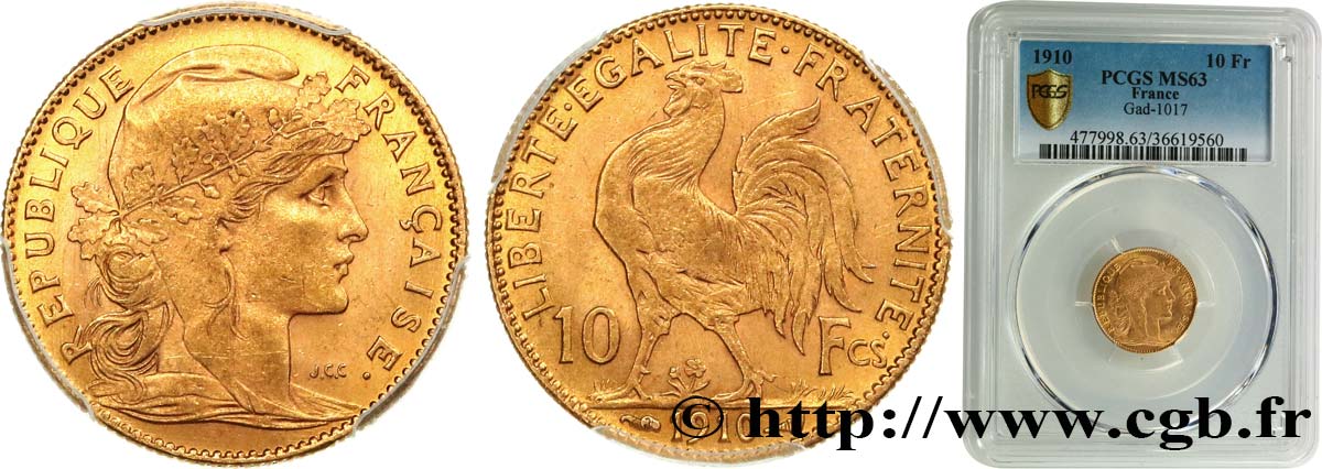 10 francs or Coq 1910 Paris F.509/11 SC63 PCGS
