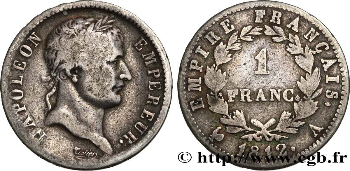 1 franc Napoléon Ier tête laurée, Empire français 1812 Paris F.205/42 TB 