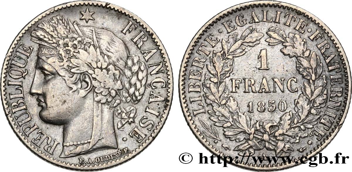 1 franc Cérès, IIe République 1850 Paris F.211/4 VF25 