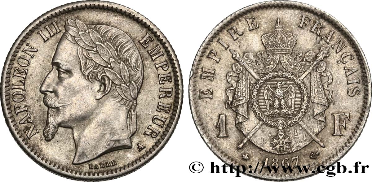 1 franc Napoléon III, tête laurée 1867 Paris F.215/6 EBC 