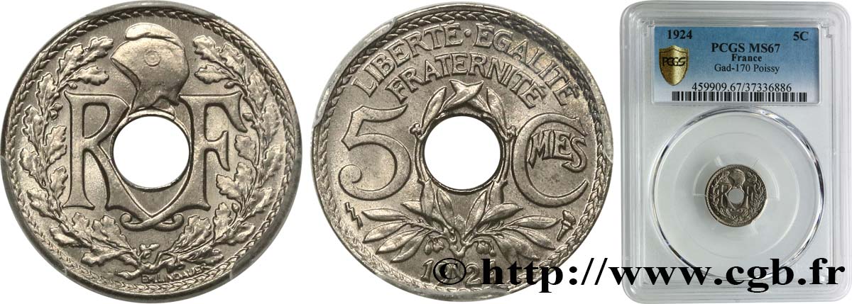 5 centimes Lindauer, petit module 1924 Poissy F.122/9 ST67 PCGS