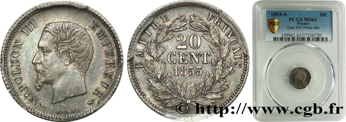 20 centimes Napoléon III, tête nue 1853 Paris F.148/1 MS63 PCGS