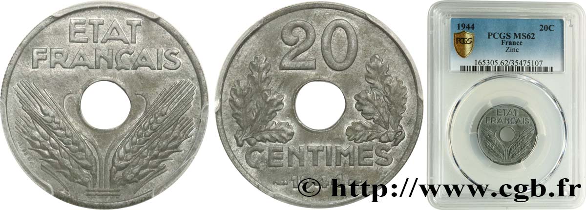 20 centimes État français, légère 1944  F.153A/2 SUP62 PCGS