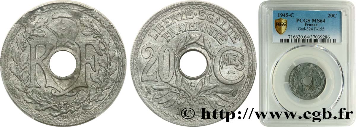 20 centimes Lindauer Zinc 1945 Castelsarrasin F.155/4 SC64 PCGS