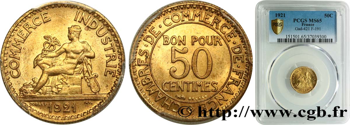 50 centimes Chambres de Commerce 1921 Paris F.191/3 MS65 PCGS