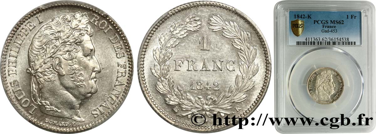 1 franc Louis-Philippe, couronne de chêne 1842 Bordeaux F.210/88 VZ62 PCGS