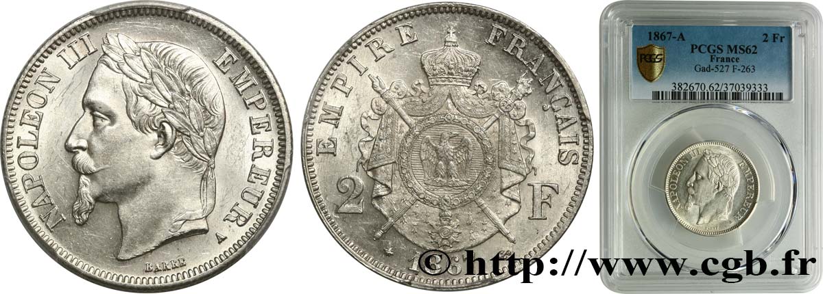 2 francs Napoléon III, tête laurée  1867 Paris F.263/5 SUP62 PCGS