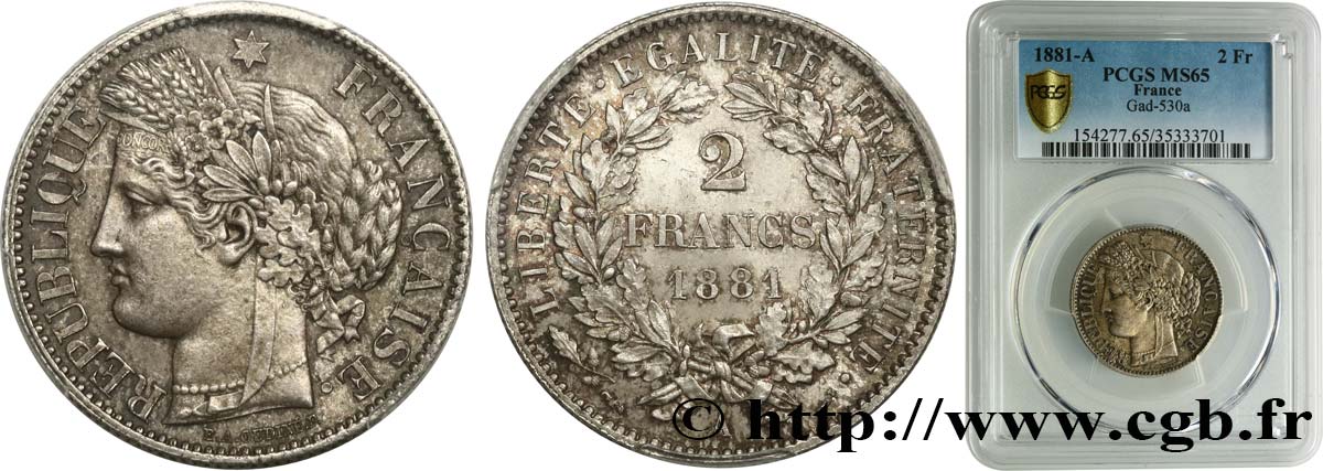 2 francs Cérès, avec légende 1881 Paris F.265/12 MS65 PCGS