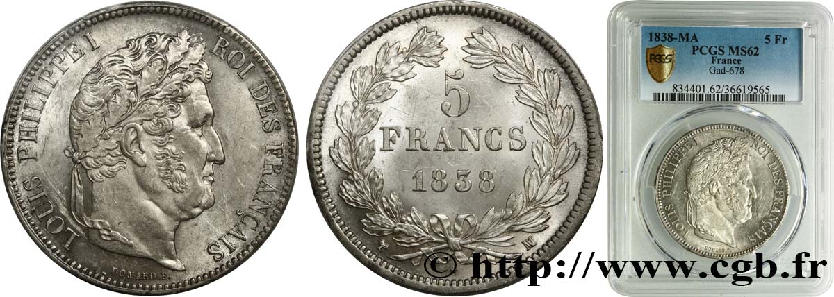 5 francs IIe type Domard 1838 Marseille F.324/73 SUP62 PCGS