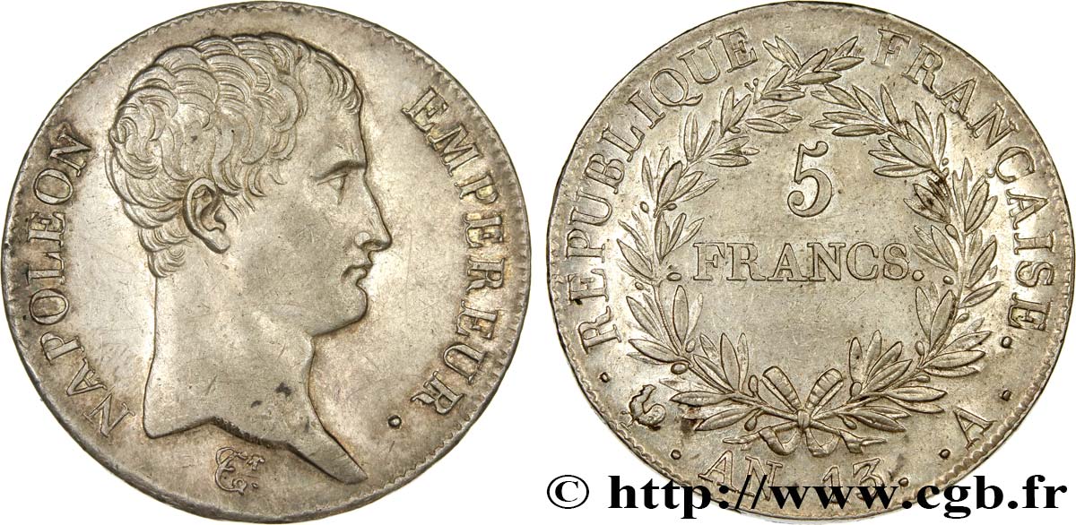 5 francs Napoléon Empereur, Calendrier révolutionnaire 1805 Paris F.303/2 AU53 
