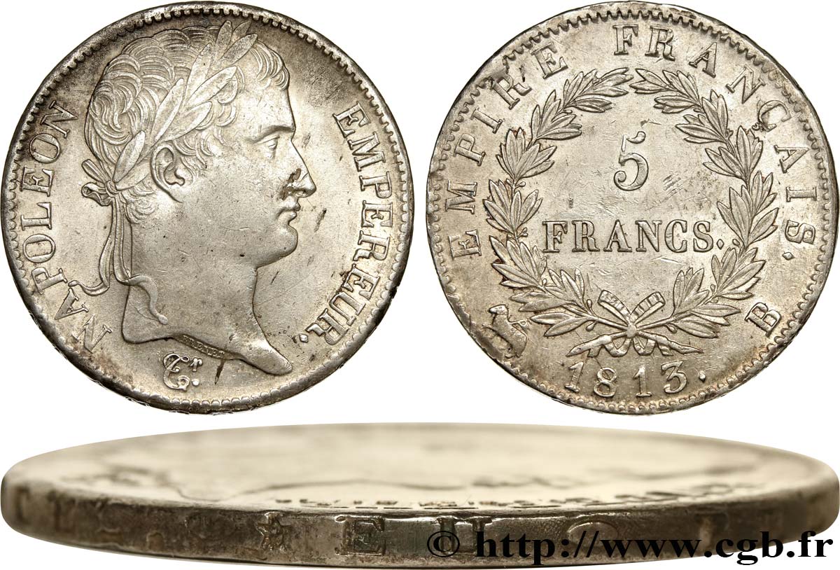 5 francs Napoléon Empereur, Empire français, tranche fautée 1813 Rouen F.307/59 fVZ 