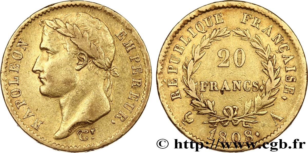 20 francs or Napoléon tête laurée, République française 1808 Paris F.515/2 TTB40 