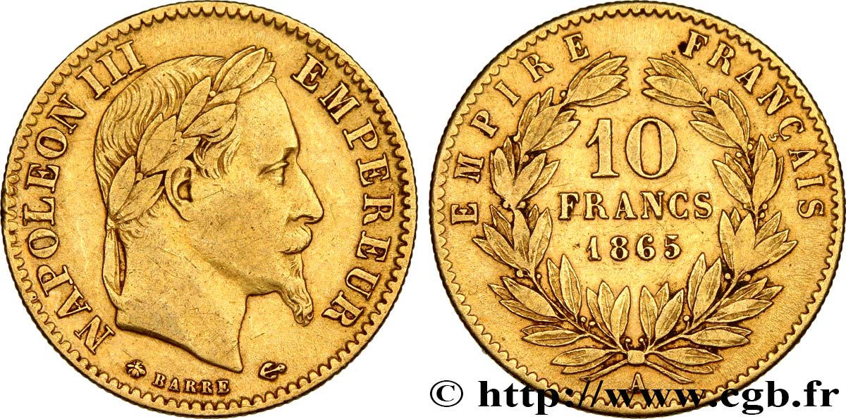 10 francs or Napoléon III, tête laurée 1865 Paris F.507A/9 XF40 