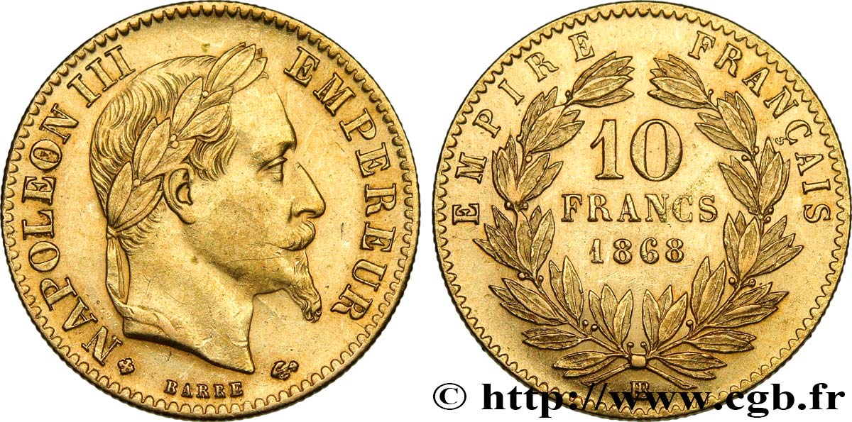 10 francs or Napoléon III, tête laurée 1868 Strasbourg F.507A/18 AU58 