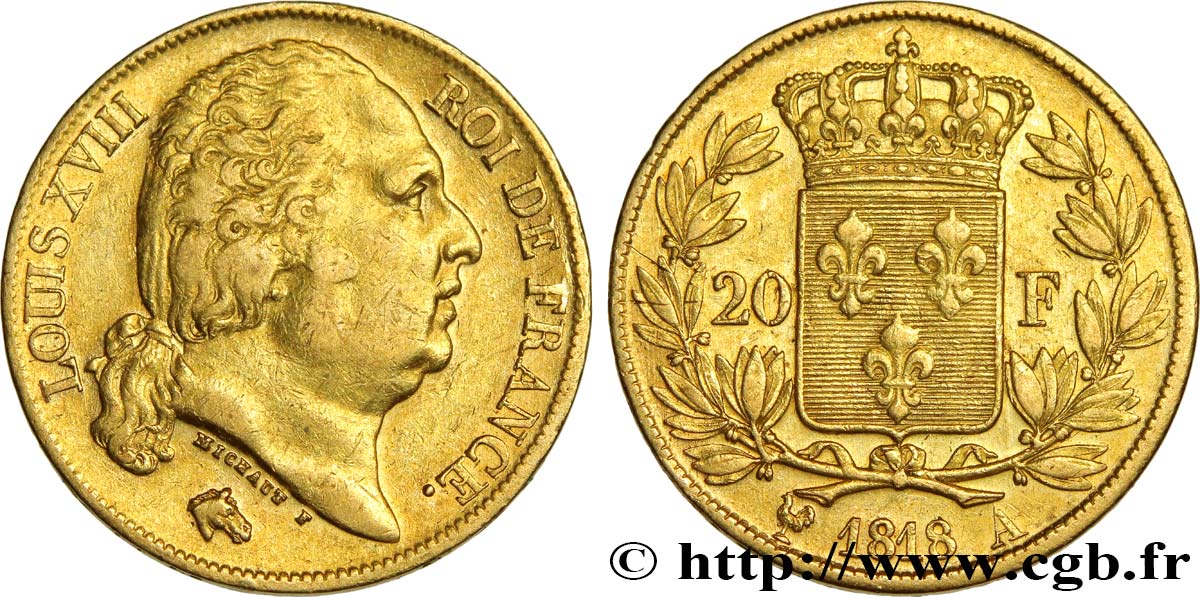 20 francs or Louis XVIII, tête nue 1818 Paris F.519/10 SS45 