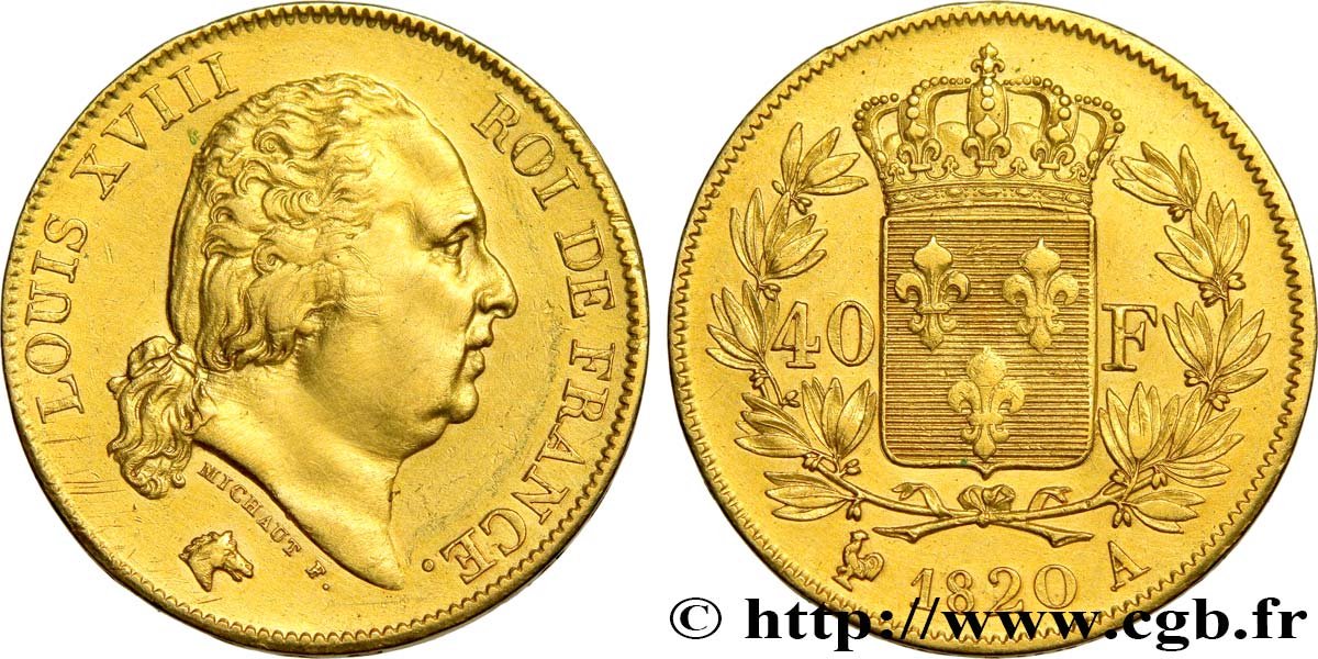 40 francs or Louis XVIII 1820 Paris F.542/10 MBC 