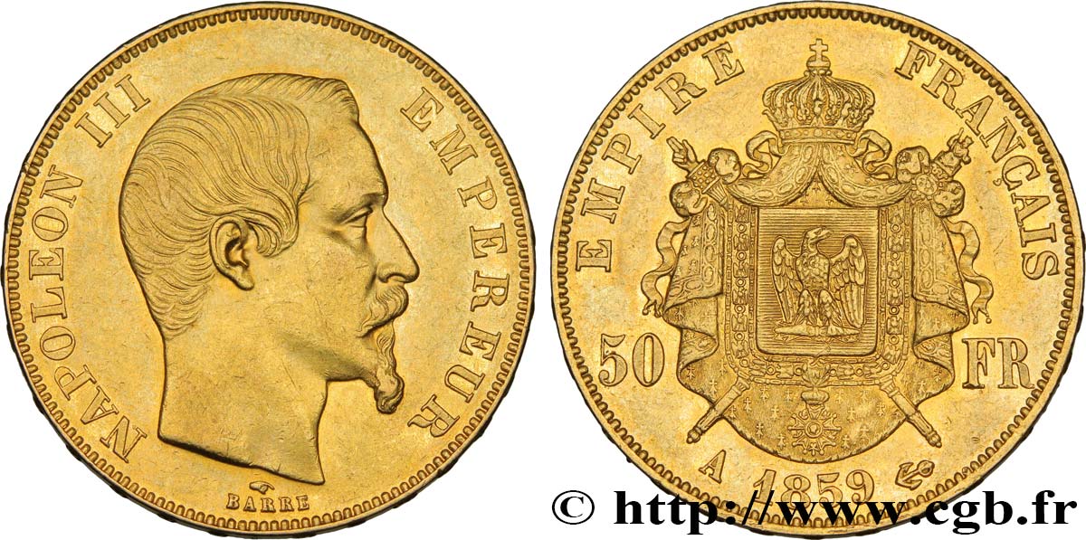 50 francs or Napoléon III, tête nue 1859 Paris F.547/7 EBC55 